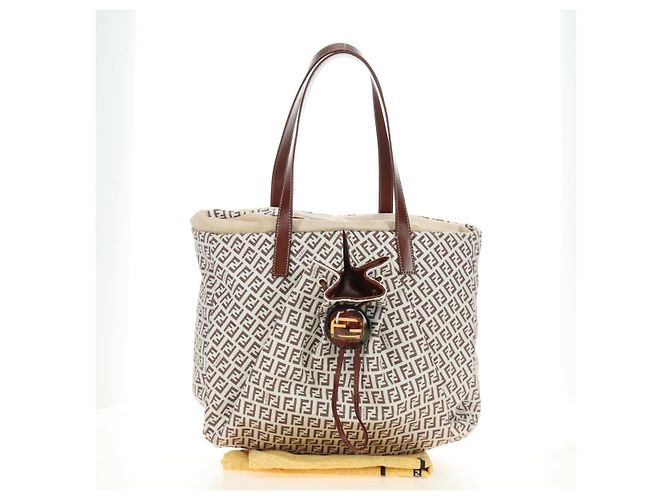 Borsa Tote FENDI Zucchino Canvas Bianco Oro Auth 184707V D'oro - vista 28