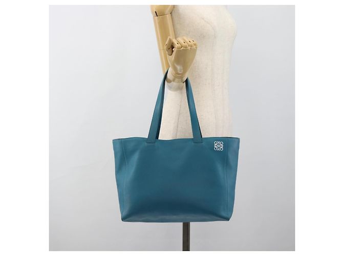 Sac cabas LOEWE Anagram East West en cuir Turquoise Blue Silver Auth 185182V Argenté - vue 22