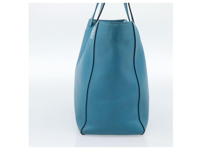 Sac cabas LOEWE Anagram East West en cuir Turquoise Blue Silver Auth 185182V Argenté - vue 4