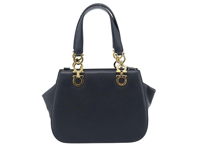 Borsa Salvatore Ferragamo Gancini in Pelle 2way Navy Gold Auth 184864V - vista 3