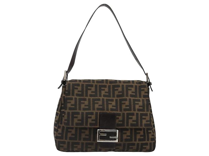 FENDI Zucca Canvas Mamma Baguette Shoulder Bag Black Brown Auth 184905SAM Marrone Nero - vista 2