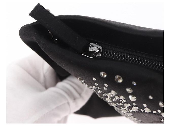 CHANEL Camelia Chain Schultertasche aus Satin Schwarz Silber CC Authentisch 184869SM - Ansicht 14