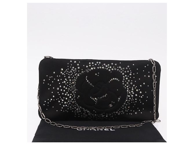 CHANEL Camelia Chain Schultertasche aus Satin Schwarz Silber CC Authentisch 184869SM - Ansicht 22