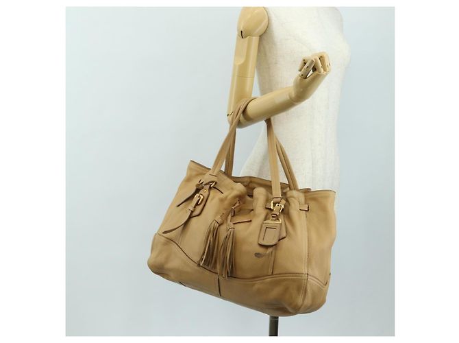 PRADA Tote Bag Leder Beige Gold Auth 184582V Golden - Ansicht 28