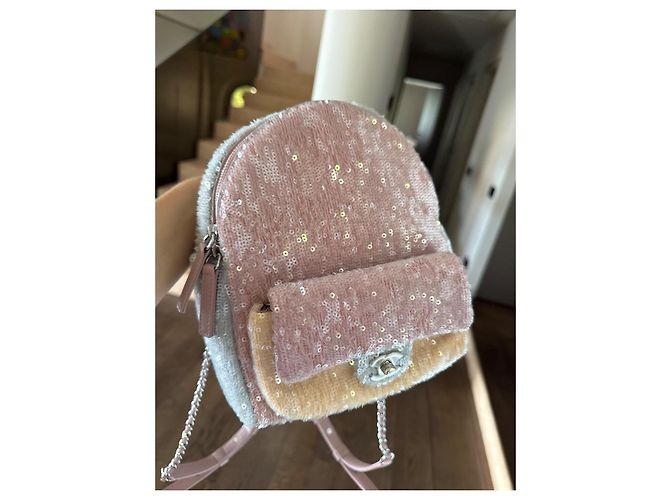 Chanel sequin and leather backpack Pink Beige Grey - view 3