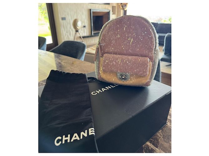 Chanel sequin and leather backpack Pink Beige Grey - view 8