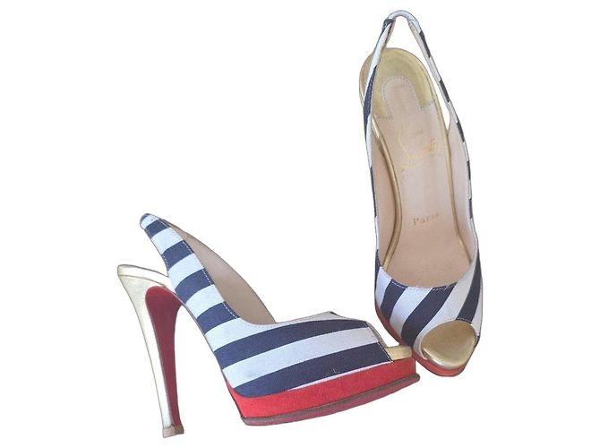 Christian Louboutin Décolleté a righe blu e bianche Bianco Gold hardware - vista 2