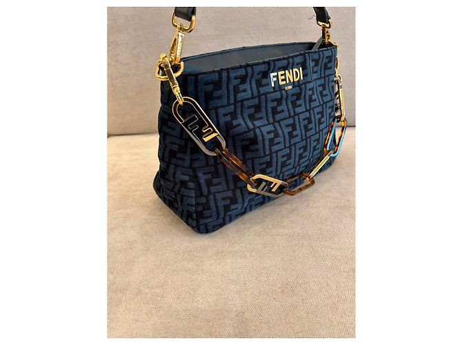 Borsa Fendi O'Lock in tela FF blu con catena plexiglass Nero - vista 3