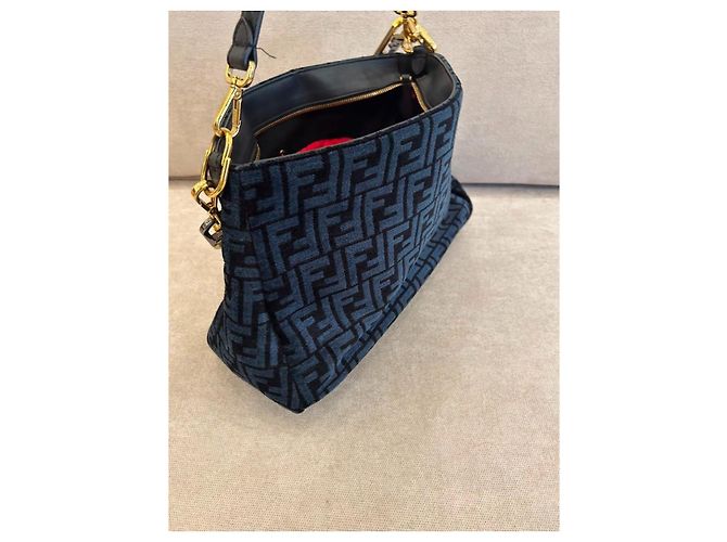 Borsa Fendi O'Lock in tela FF blu con catena plexiglass Nero - vista 7