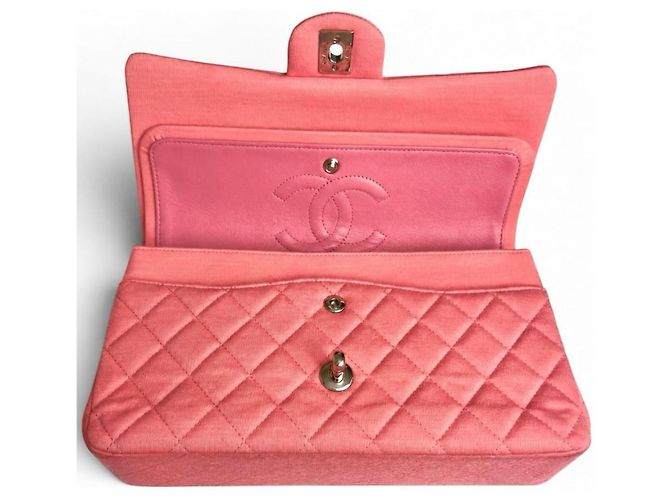 Borsa Chanel 14A Supermarket Pink Jersey Medium Classic Timeless Double Flap Bag Rosa Silver hardware - vista 12