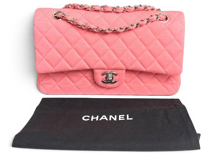 Borsa Chanel 14A Supermarket Pink Jersey Medium Classic Timeless Double Flap Bag Rosa Silver hardware - vista 3