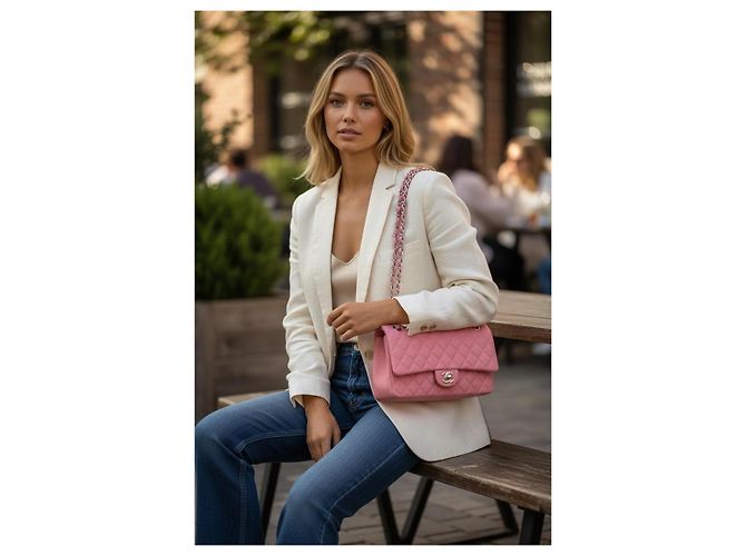 Borsa Chanel 14A Supermarket Pink Jersey Medium Classic Timeless Double Flap Bag Rosa Silver hardware - vista 5