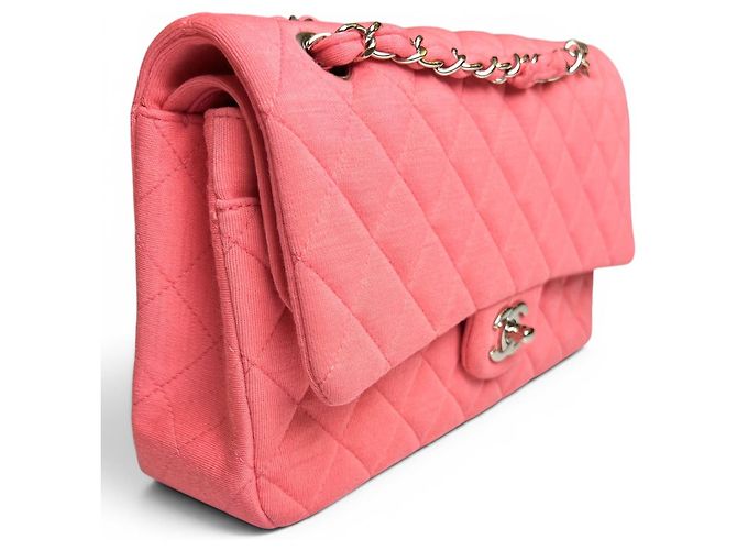 Borsa Chanel 14A Supermarket Pink Jersey Medium Classic Timeless Double Flap Bag Rosa Silver hardware - vista 6