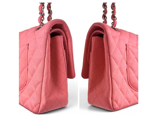 Borsa Chanel 14A Supermarket Pink Jersey Medium Classic Timeless Double Flap Bag Rosa Silver hardware - vista 8