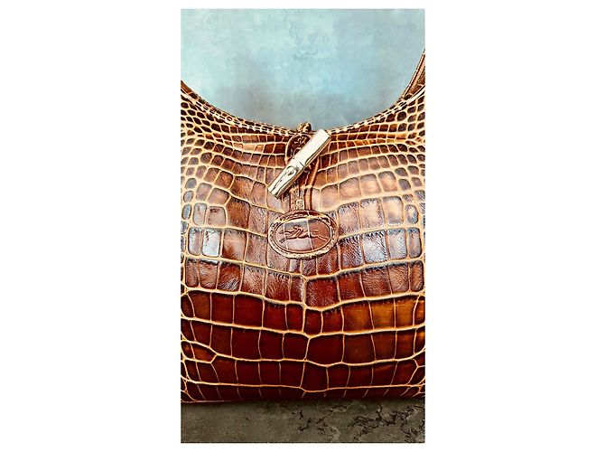 Borsa Longchamp in pelle effetto coccodrillo marrone - vista 3