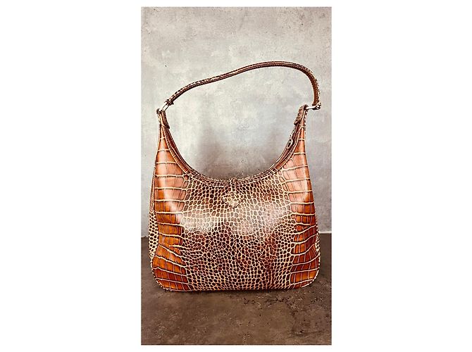 Borsa Longchamp in pelle effetto coccodrillo marrone - vista 5