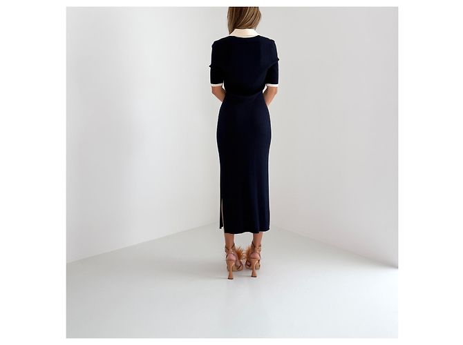 Autre Marque From Future Merinowolle Maxi-Kleid gerippt - Navy & Ivory Weiß Dunkelblau - Ansicht 10