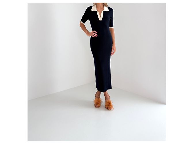 Autre Marque From Future Merinowolle Maxi-Kleid gerippt - Navy & Ivory Weiß Dunkelblau - Ansicht 2