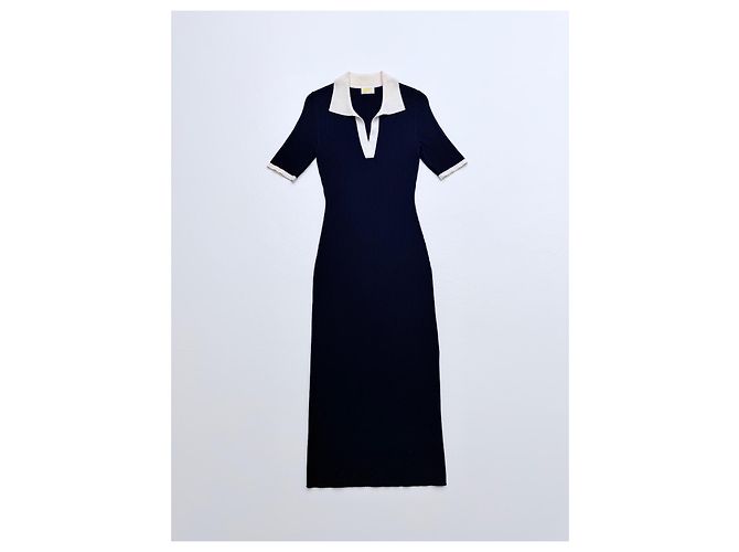 Autre Marque From Future Merinowolle Maxi-Kleid gerippt - Navy & Ivory Weiß Dunkelblau - Ansicht 3