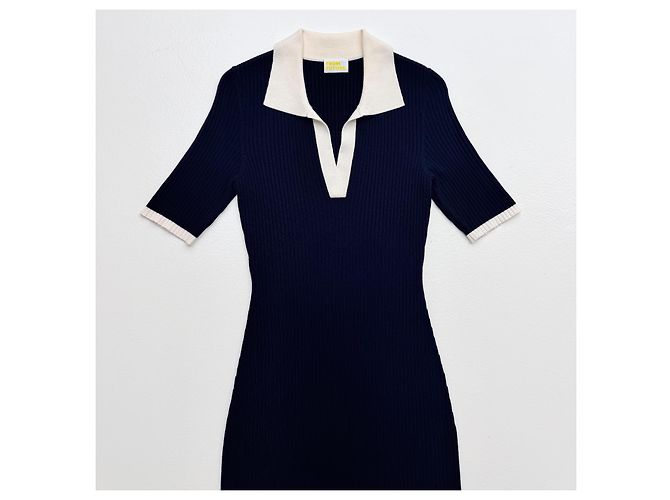 Autre Marque From Future Merinowolle Maxi-Kleid gerippt - Navy & Ivory Weiß Dunkelblau - Ansicht 4