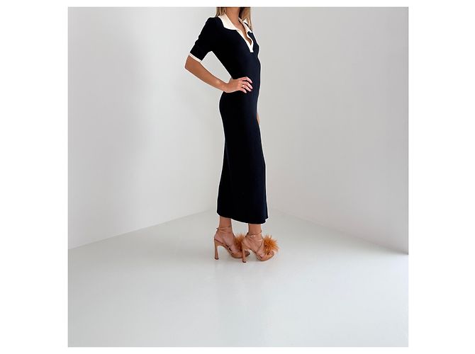 Autre Marque From Future Merinowolle Maxi-Kleid gerippt - Navy & Ivory Weiß Dunkelblau - Ansicht 5