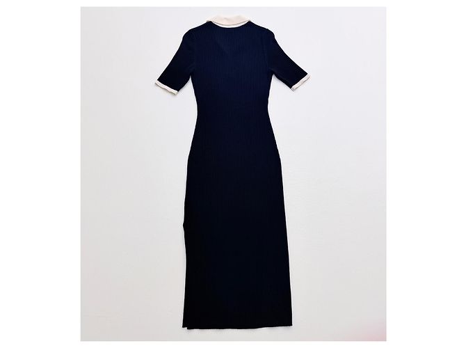 Autre Marque From Future Merinowolle Maxi-Kleid gerippt - Navy & Ivory Weiß Dunkelblau - Ansicht 9