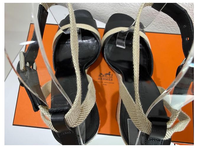 Sandali con zeppa Hermès Kean Nero Pelle e Tela 36.5 Grigio - vista 10
