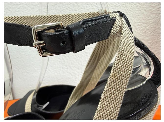 Sandali con zeppa Hermès Kean Nero Pelle e Tela 36.5 Grigio - vista 11