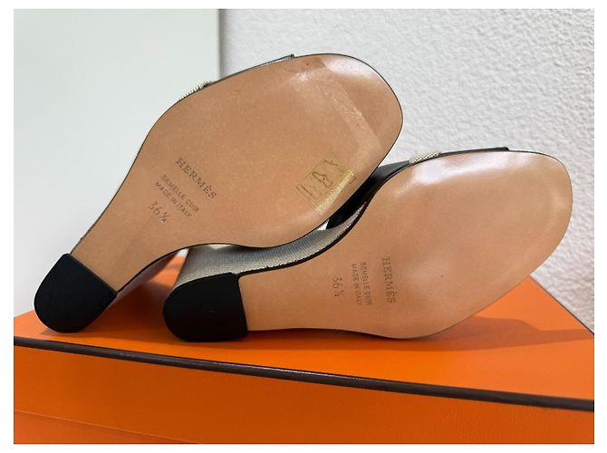 Sandali con zeppa Hermès Kean Nero Pelle e Tela 36.5 Grigio - vista 12