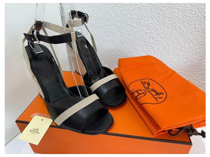 Sandali con zeppa Hermès Kean Nero Pelle e Tela 36.5 Grigio - vista 14