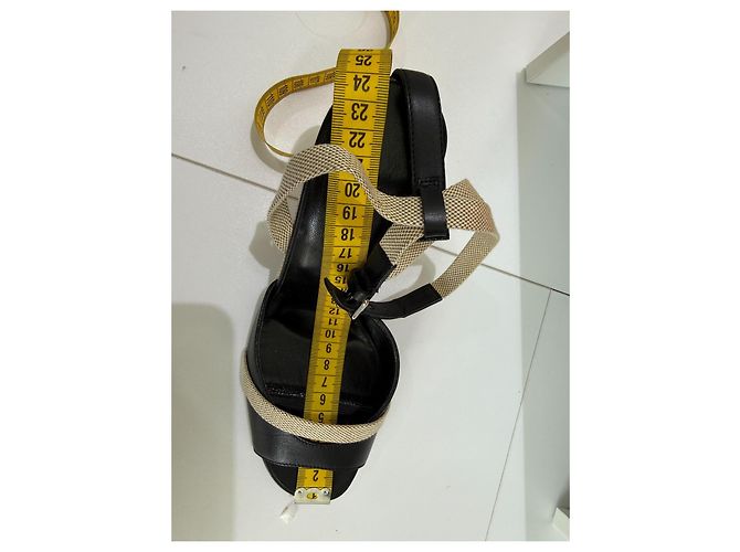 Sandali con zeppa Hermès Kean Nero Pelle e Tela 36.5 Grigio - vista 15