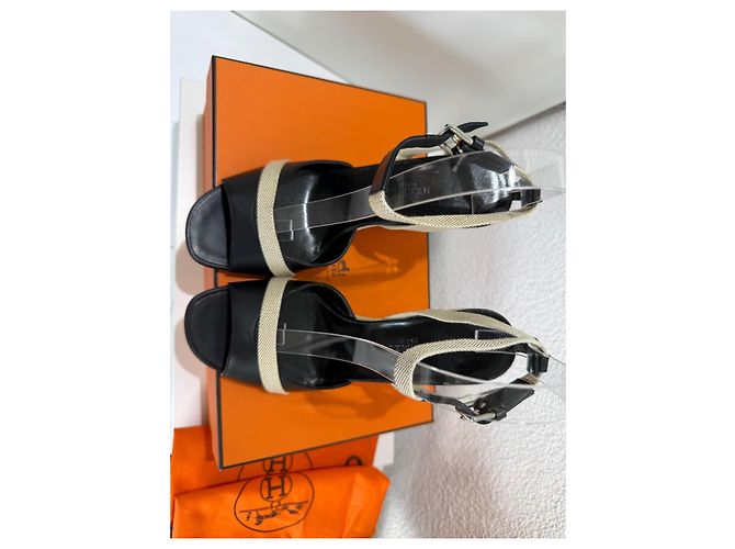 Sandali con zeppa Hermès Kean Nero Pelle e Tela 36.5 Grigio - vista 5