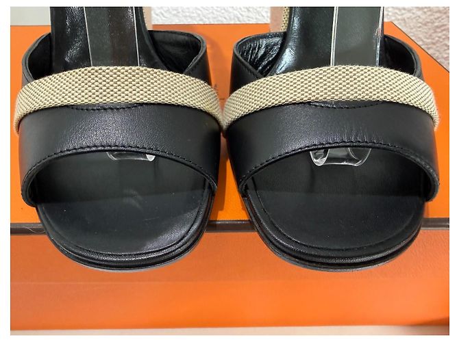 Sandali con zeppa Hermès Kean Nero Pelle e Tela 36.5 Grigio - vista 6