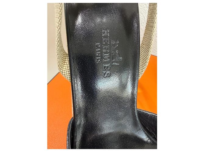 Sandali con zeppa Hermès Kean Nero Pelle e Tela 36.5 Grigio - vista 8