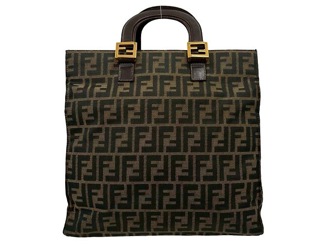 Fendi Zucca Canvas Leder Handtasche Braun Schwarz Khaki - Ansicht 2