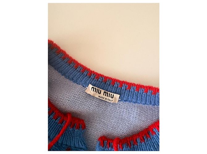 Miu Miu Cardigan in Blau mit Rüschen und Perlenknöpfen - Ansicht 4