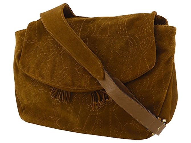 Salvatore Ferragamo Borsa a tracolla Ferragamo in scamosciato marrone con cuciture e nappe - vista 2