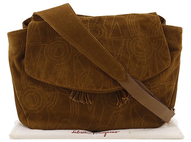Salvatore Ferragamo Borsa a tracolla Ferragamo in scamosciato marrone con cuciture e nappe - vista 27