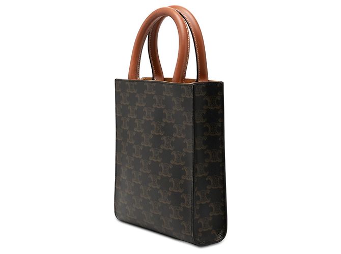 Céline Celine Brown Mini Triomphe Coated Canvas Vertical Cabas Satchel Marrone Marrone scuro - vista 2