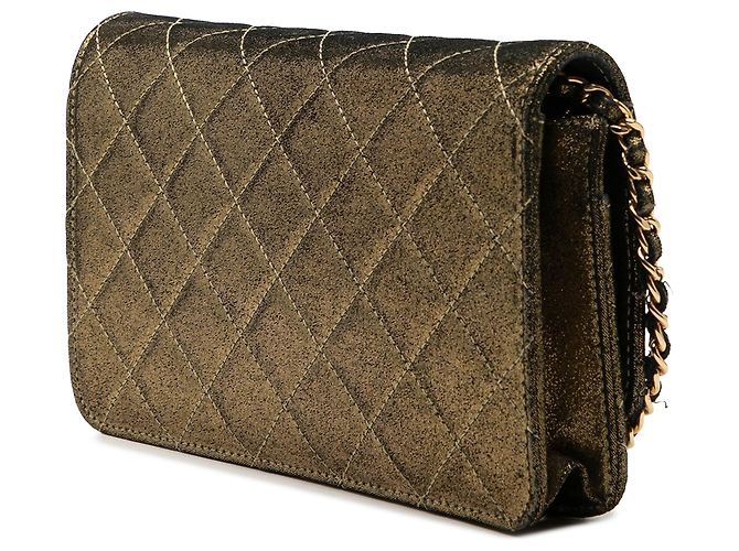 Wallet On Chain Portafoglio con catena Chanel in agnello trapuntato iridescente oro tartan con bottone - vista 2