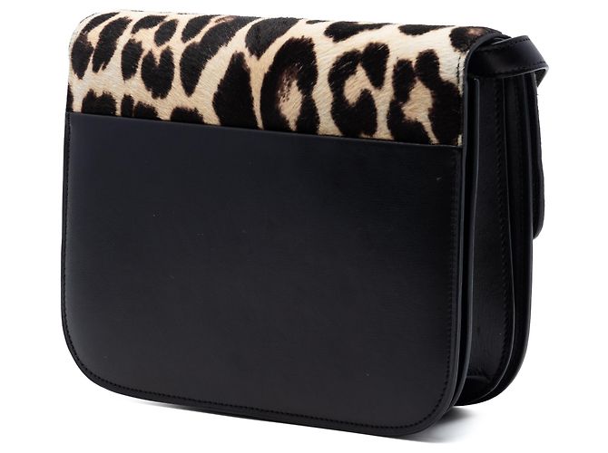 Céline Celine Classic Box in pelle di vitello nera e crine di pony con stampa leopardata, misura Medium Nero - vista 2