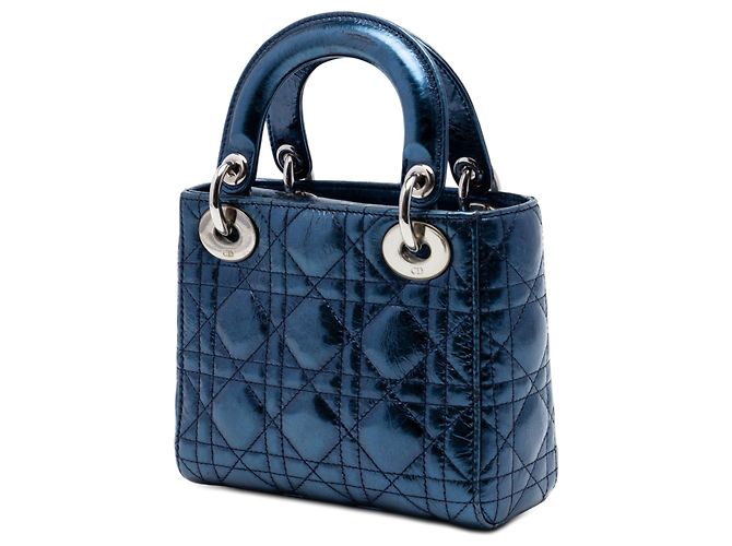 Lady Dior Cannage en cuir de veau métallisé bleu mini - vue 2