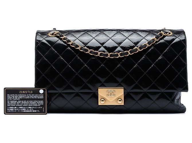 Chanel Black Quilted Crinkled Patent Pagoda Accordion Flap Negro - vista 6