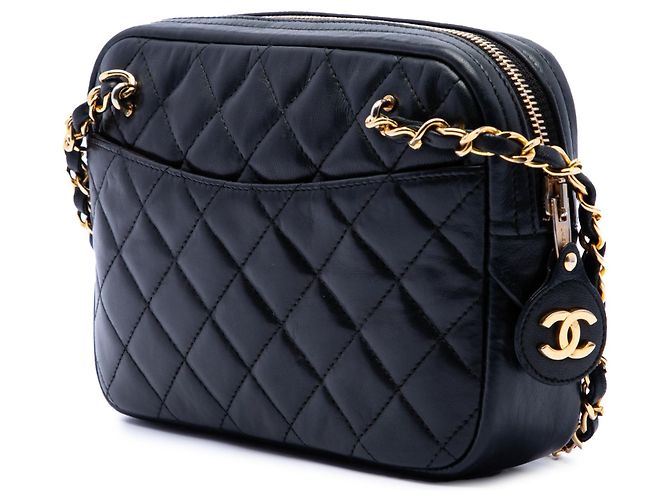 Camera Bolsa de câmera Chanel Black Mini CC em pele de cordeiro acolchoada com bolso e corrente Preto - vista 2