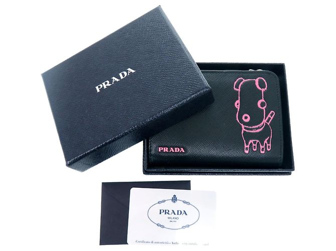 Saffiano Prada Bi-Fold Wallet mit Maria Dog Illustration Schwarz Pink - Ansicht 2