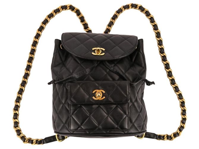 Classique Sac à dos Chanel Vintage Matelassé en agneau Noir - vue 14