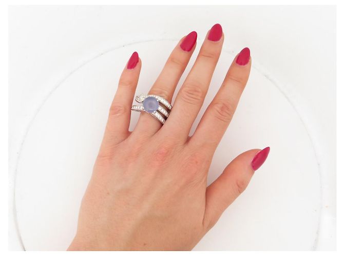 OMEGA MONEDSTEIN-CABOCHON & DIAMANT RING 1.4CT T62 18K WEISSGOLD 22GR Silber - Ansicht 5