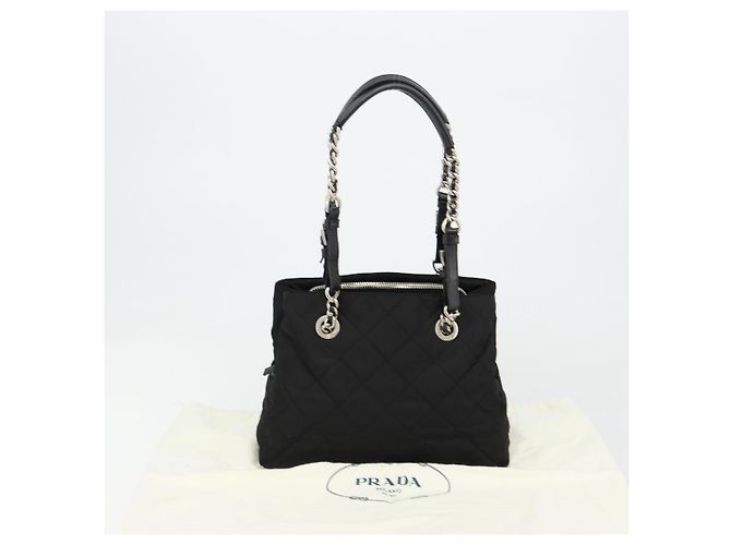 Borsa a Spalla con Catena PRADA Nylon Nero Argento Auth 184635V - vista 12