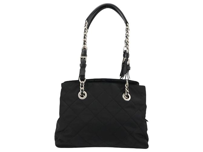 Borsa a Spalla con Catena PRADA Nylon Nero Argento Auth 184635V - vista 2