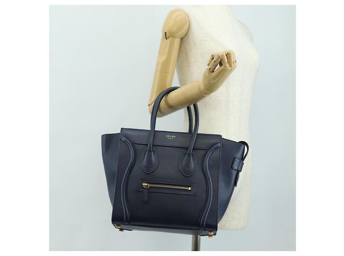 Céline Borsa CELINE Luggage Micro Shopper in pelle blu navy e oro Auth 184734V D'oro - Ansicht 26